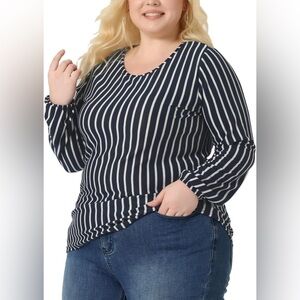 Agnes Orinda Plus Size Blouses Boho Color Block Elastic Cuff Long Sleeve Striped